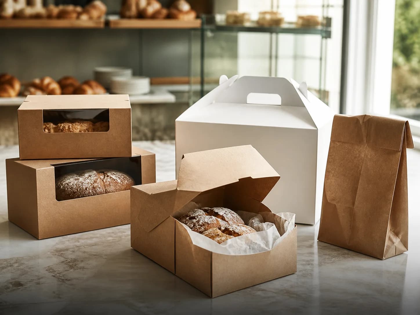 Kraft pastry boxes, a white cake box, and a paper bakery bag