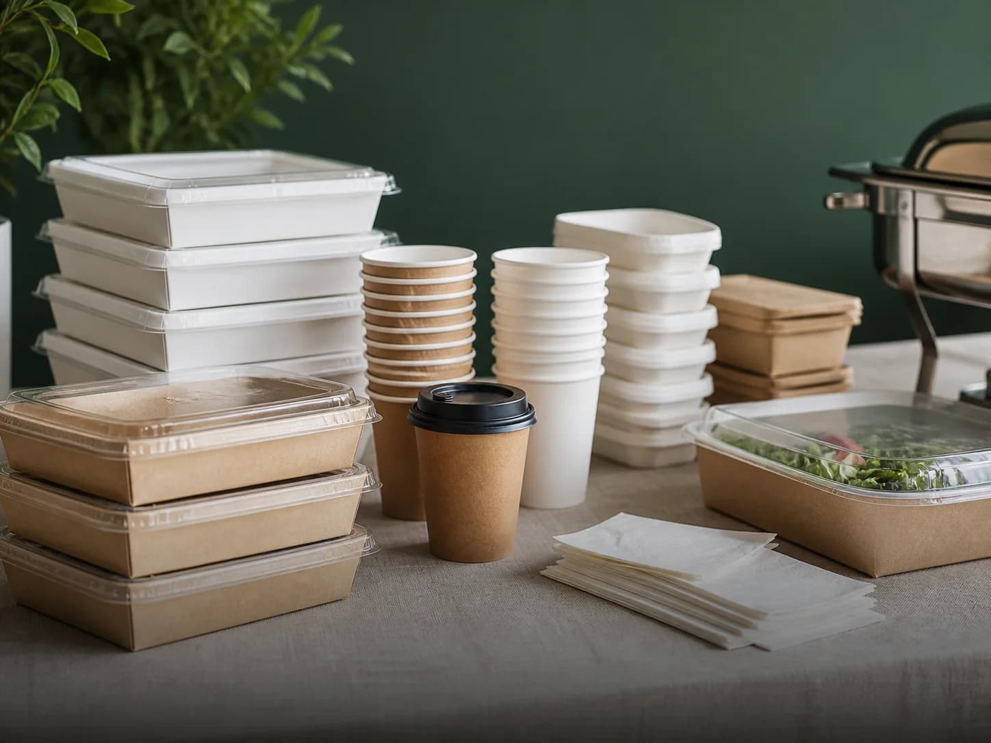 Catering trays, takeaway containers, cups, and napkins prepared for service