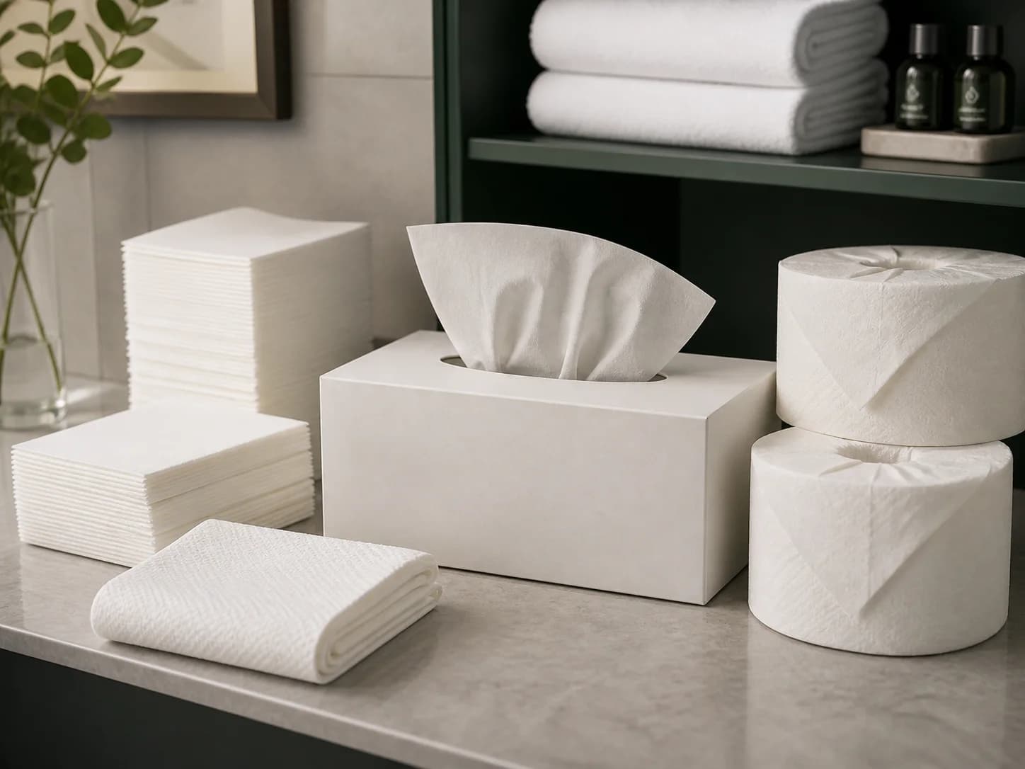 Tissues, napkins, paper towels, and wrapped tissue rolls on a hospitality shelf
